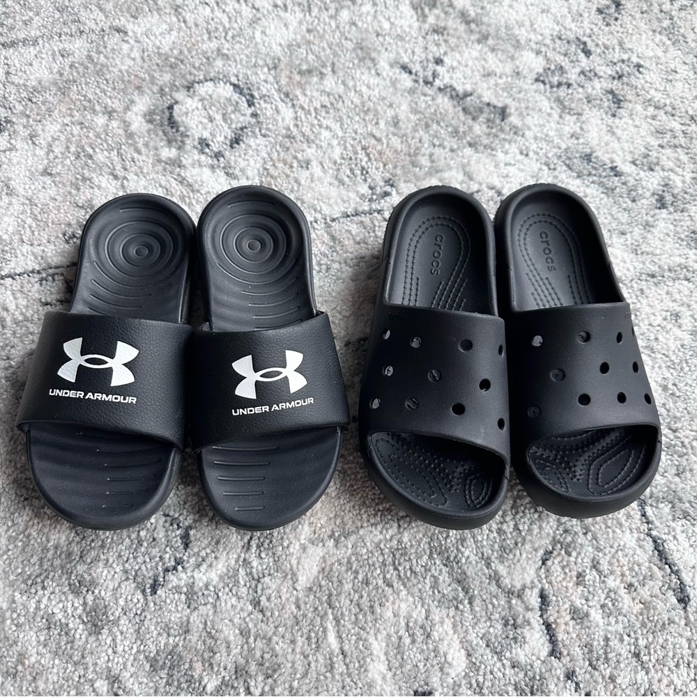 2 pair of kids black Summer/Sports slides- CROCS & Under Armour Size 3